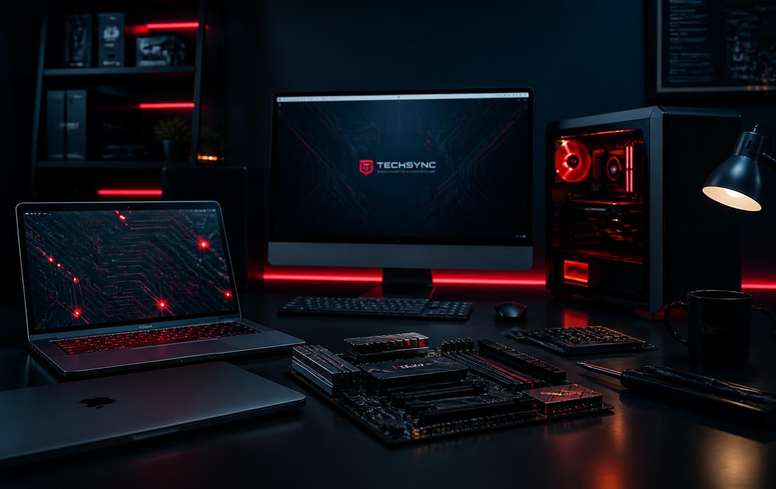 Computer repair workbench with laptop, desktop and hardware components